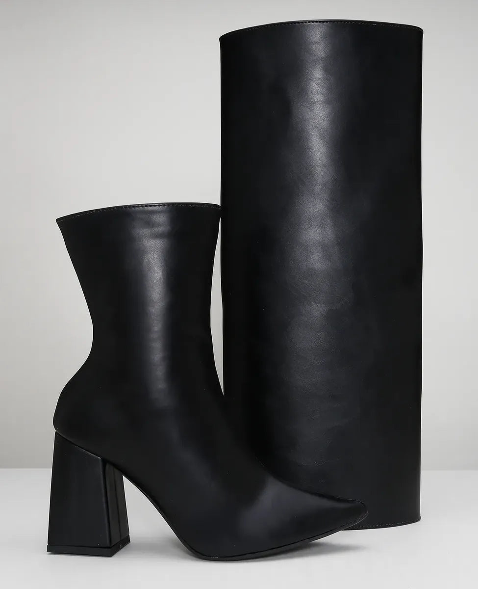 Bota Capa Preta Feminina Cano Alto Salto Alto Bloco Bico Fino