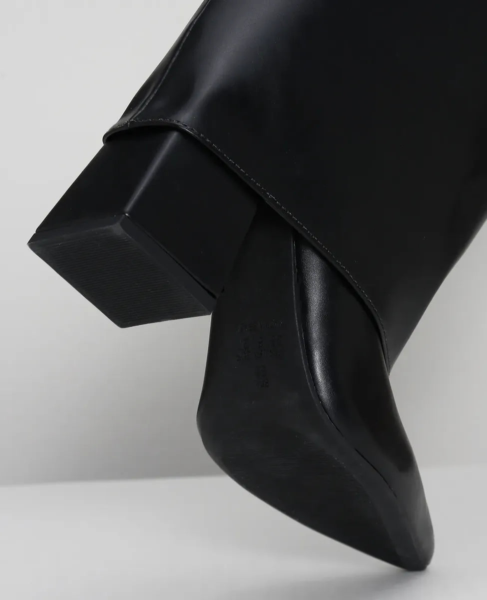 Bota Capa Preta Feminina Cano Alto Salto Alto Bloco Bico Fino