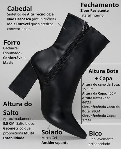 Bota Capa Preta Feminina Cano Alto Salto Alto Bloco Bico Fino