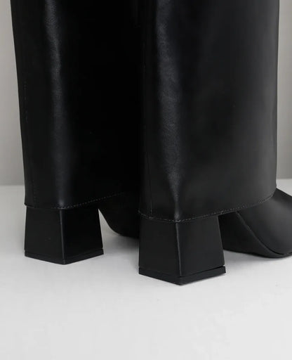 Bota Capa Preta Feminina Cano Alto Salto Alto Bloco Bico Fino