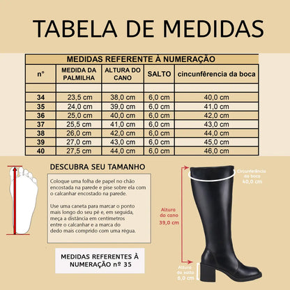 Bota Lóris Shoes Feminina Cano Alto Salto Bloco Conforto Elegante Montaria